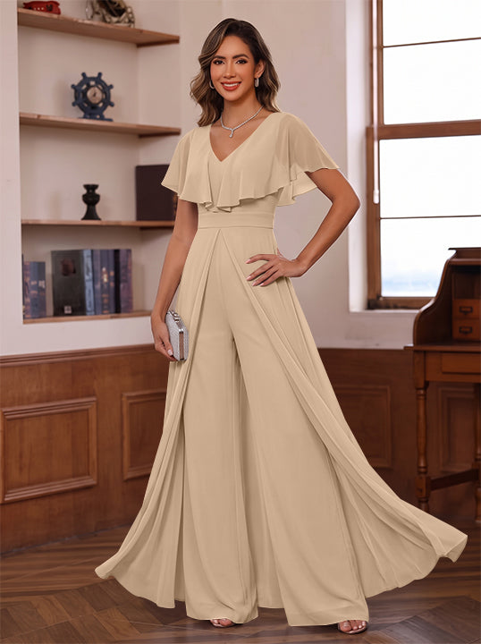 Jumpsuit V-Neck Chiffon Mother of the Bride Pantsuits with Overskirt Ruffles Floor-Length Short Sleeves