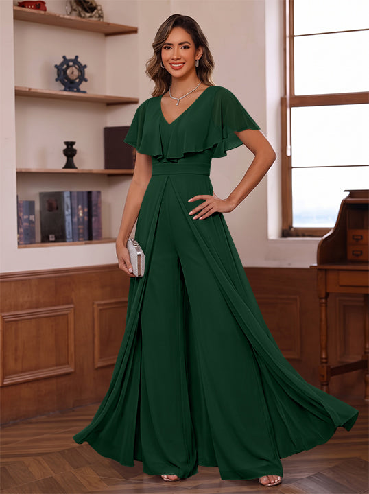 Jumpsuit V-Neck Chiffon Mother of the Bride Pantsuits with Overskirt Ruffles Floor-Length Short Sleeves