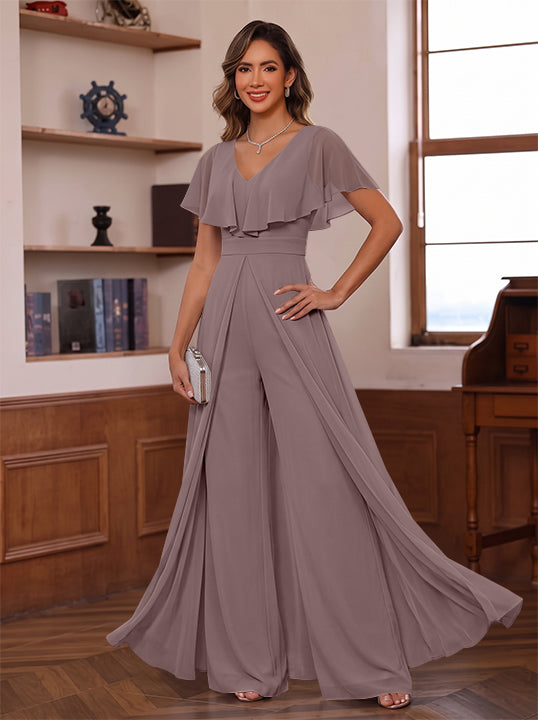 Jumpsuit V-Neck Chiffon Mother of the Bride Pantsuits with Overskirt Ruffles Floor-Length Short Sleeves
