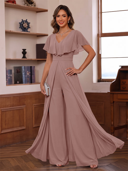 Jumpsuit V-Neck Chiffon Mother of the Bride Pantsuits with Overskirt Ruffles Floor-Length Short Sleeves