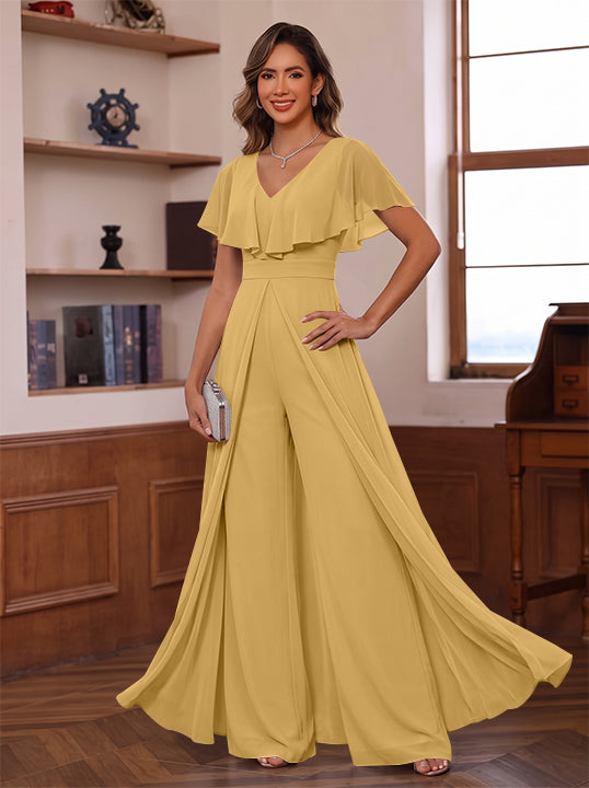 Jumpsuit V-Neck Chiffon Mother of the Bride Pantsuits with Overskirt Ruffles Floor-Length Short Sleeves