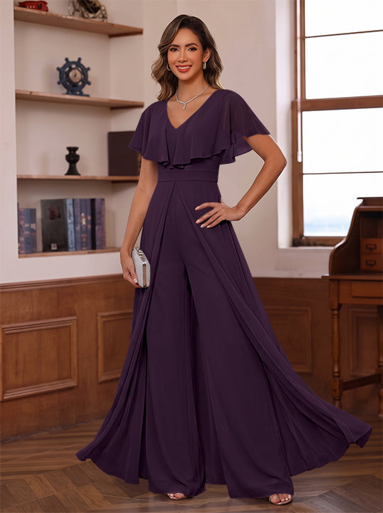Jumpsuit V-Neck Chiffon Mother of the Bride Pantsuits with Overskirt Ruffles Floor-Length Short Sleeves