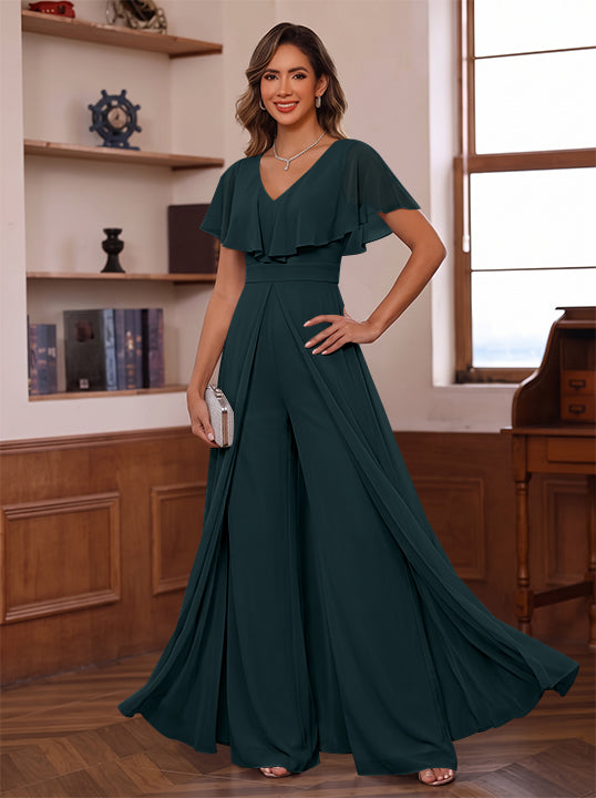Jumpsuit V-Neck Chiffon Mother of the Bride Pantsuits with Overskirt Ruffles Floor-Length Short Sleeves