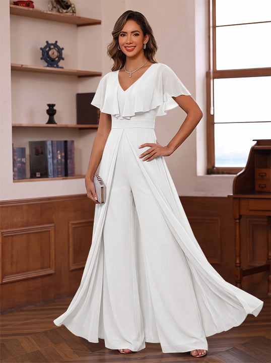 Jumpsuit V-Neck Chiffon Mother of the Bride Pantsuits with Overskirt Ruffles Floor-Length Short Sleeves