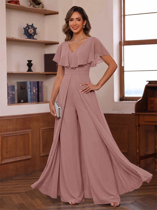 Jumpsuit V-Neck Chiffon Mother of the Bride Pantsuits with Overskirt Ruffles Floor-Length Short Sleeves
