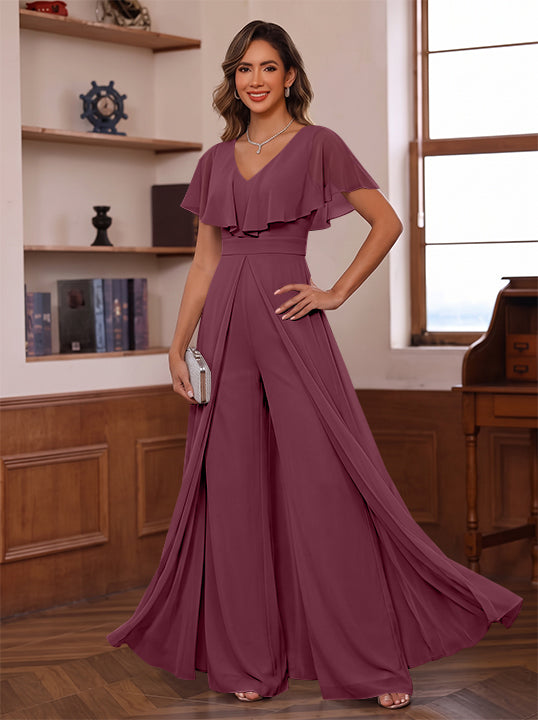 Jumpsuit V-Neck Chiffon Mother of the Bride Pantsuits with Overskirt Ruffles Floor-Length Short Sleeves