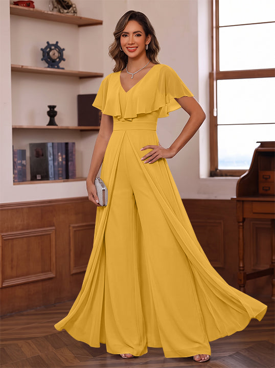 Jumpsuit V-Neck Chiffon Mother of the Bride Pantsuits with Overskirt Ruffles Floor-Length Short Sleeves
