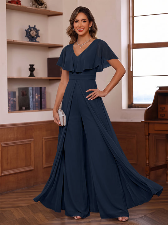 Jumpsuit V-Neck Chiffon Mother of the Bride Pantsuits with Overskirt Ruffles Floor-Length Short Sleeves