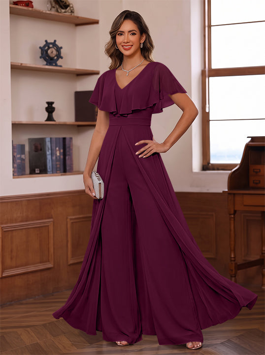 Jumpsuit V-Neck Chiffon Mother of the Bride Pantsuits with Overskirt Ruffles Floor-Length Short Sleeves