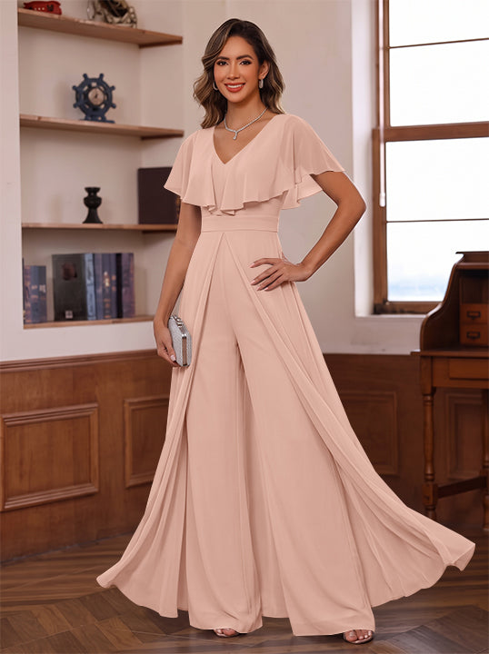 Jumpsuit V-Neck Chiffon Mother of the Bride Pantsuits with Overskirt Ruffles Floor-Length Short Sleeves