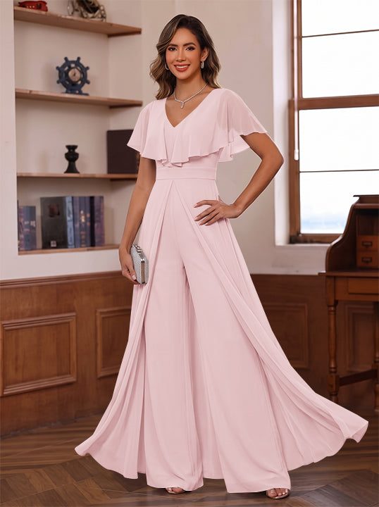 Jumpsuit V-Neck Chiffon Mother of the Bride Pantsuits with Overskirt Ruffles Floor-Length Short Sleeves