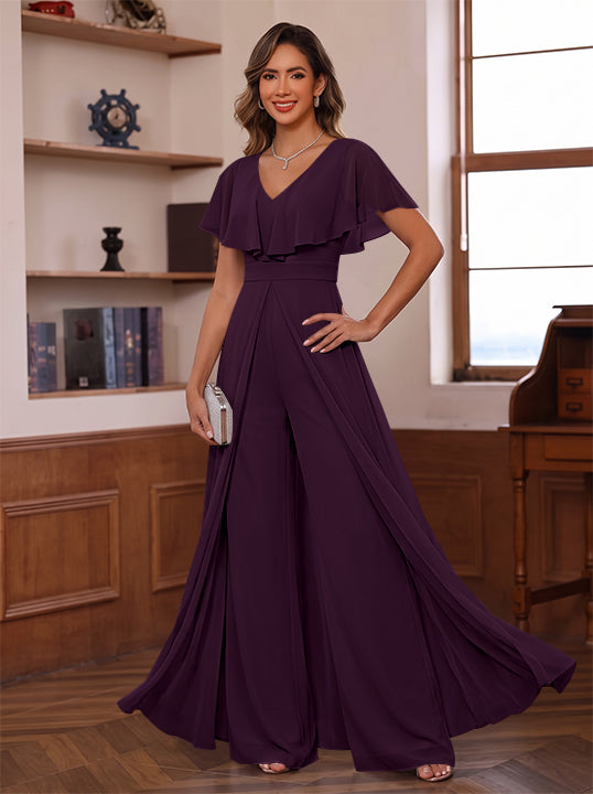 Jumpsuit V-Neck Chiffon Mother of the Bride Pantsuits with Overskirt Ruffles Floor-Length Short Sleeves