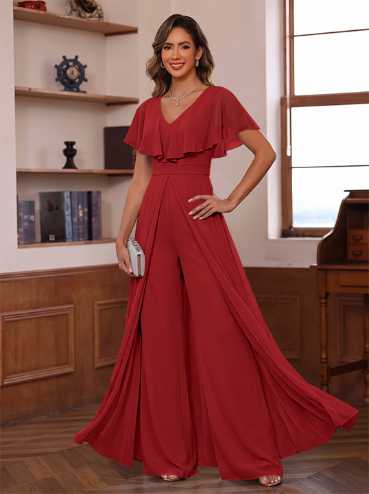 Jumpsuit V-Neck Chiffon Mother of the Bride Pantsuits with Overskirt Ruffles Floor-Length Short Sleeves