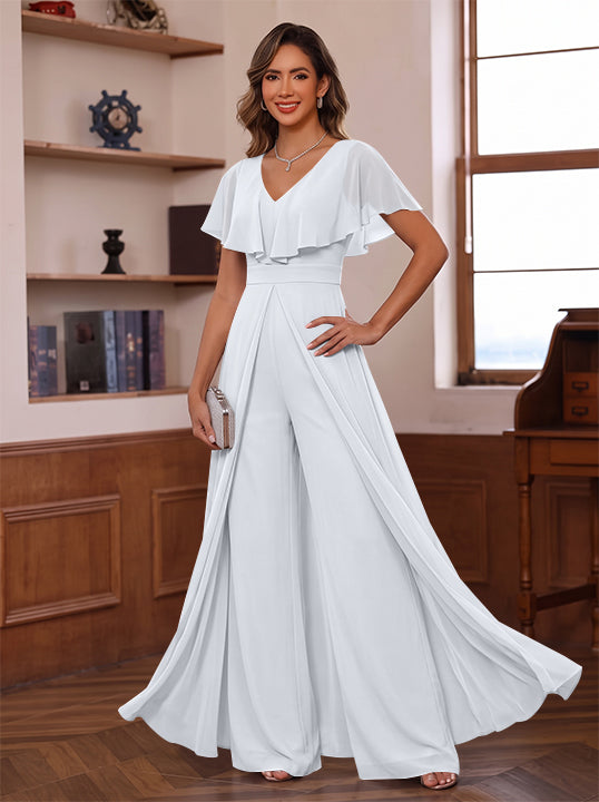Jumpsuit V-Neck Chiffon Mother of the Bride Pantsuits with Overskirt Ruffles Floor-Length Short Sleeves