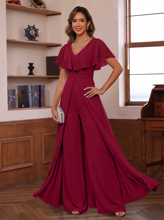 Jumpsuit V-Neck Chiffon Mother of the Bride Pantsuits with Overskirt Ruffles Floor-Length Short Sleeves