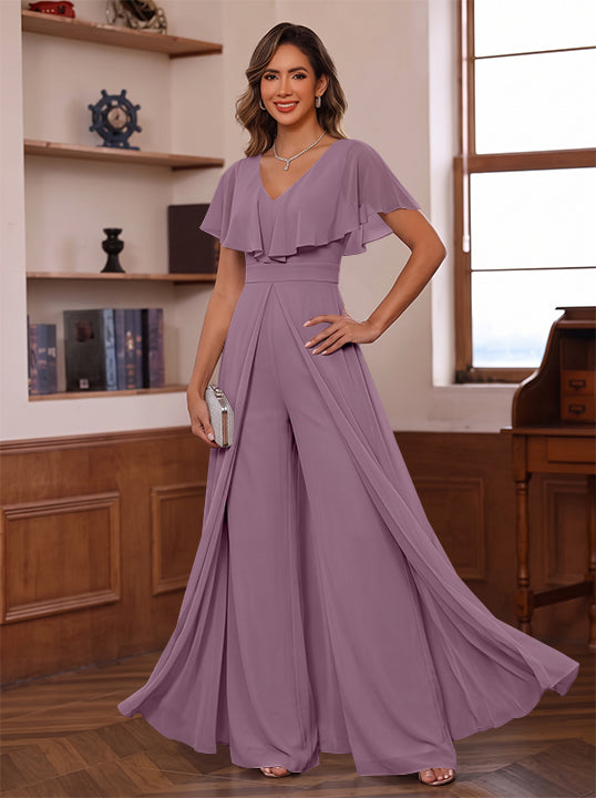 Jumpsuit V-Neck Chiffon Mother of the Bride Pantsuits with Overskirt Ruffles Floor-Length Short Sleeves