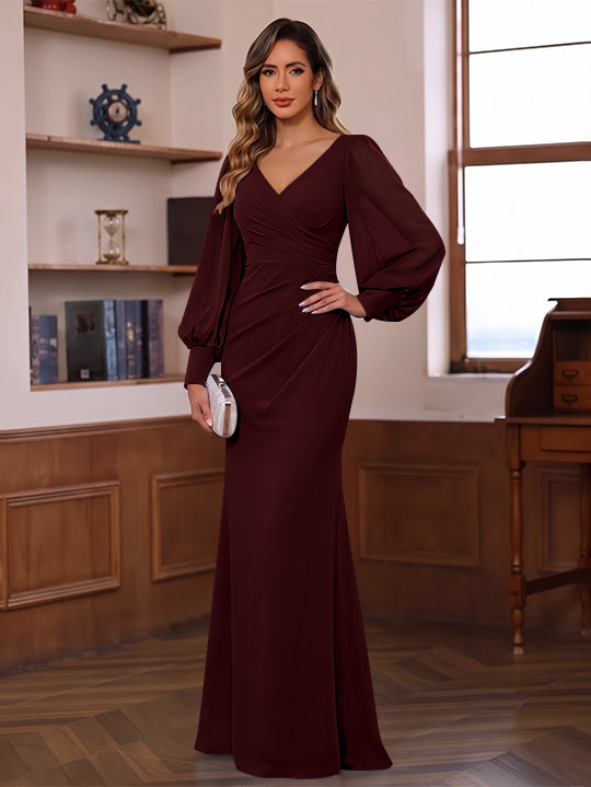 Sheath/Column V-Neck Chiffon Mother of the Bride Dresses Ruched Floor-Length Long Sleeves