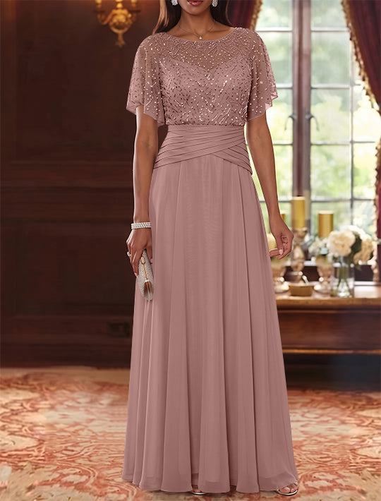 A-Line/Princess Scoop Chiffon Mother of the Bride Dresses Sequins Cape Sleeves Ruched Floor-Length
