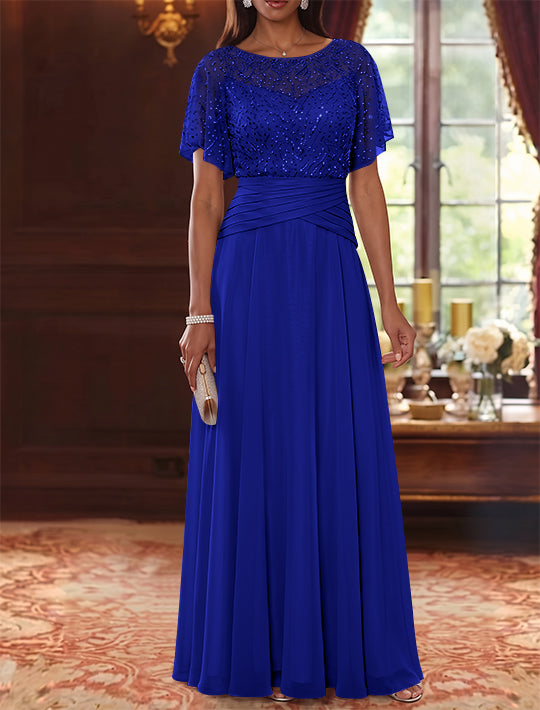 A-Line/Princess Scoop Chiffon Mother of the Bride Dresses Sequins Cape Sleeves Ruched Floor-Length