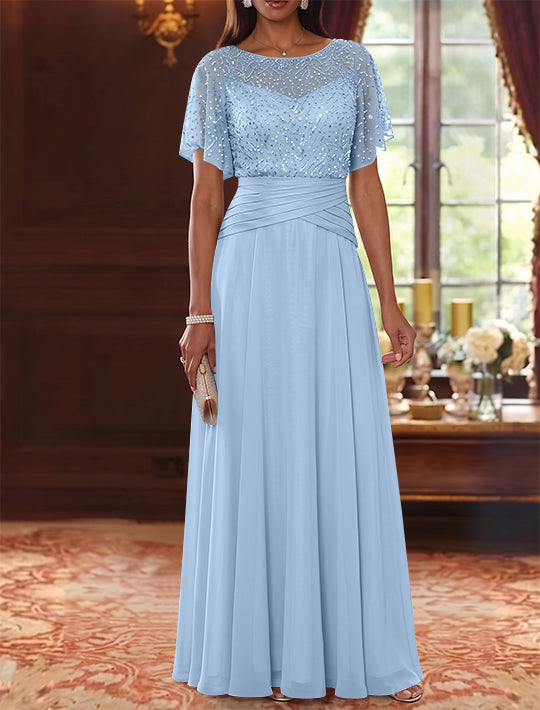 A-Line/Princess Scoop Chiffon Mother of the Bride Dresses Sequins Cape Sleeves Ruched Floor-Length