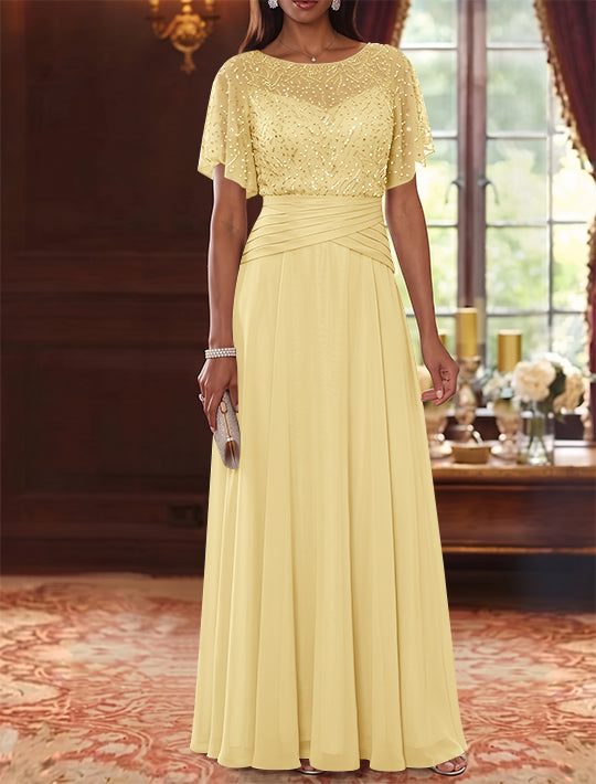 A-Line/Princess Scoop Chiffon Mother of the Bride Dresses Sequins Cape Sleeves Ruched Floor-Length