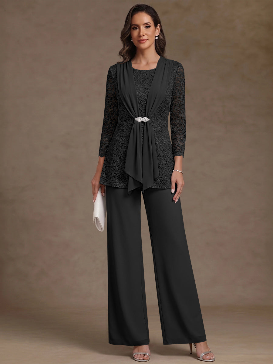 2 Pieces Scoop Chiffon Mother of the Bride Pantsuits Lace Floral 3/4 Sleeves Ankle-Length