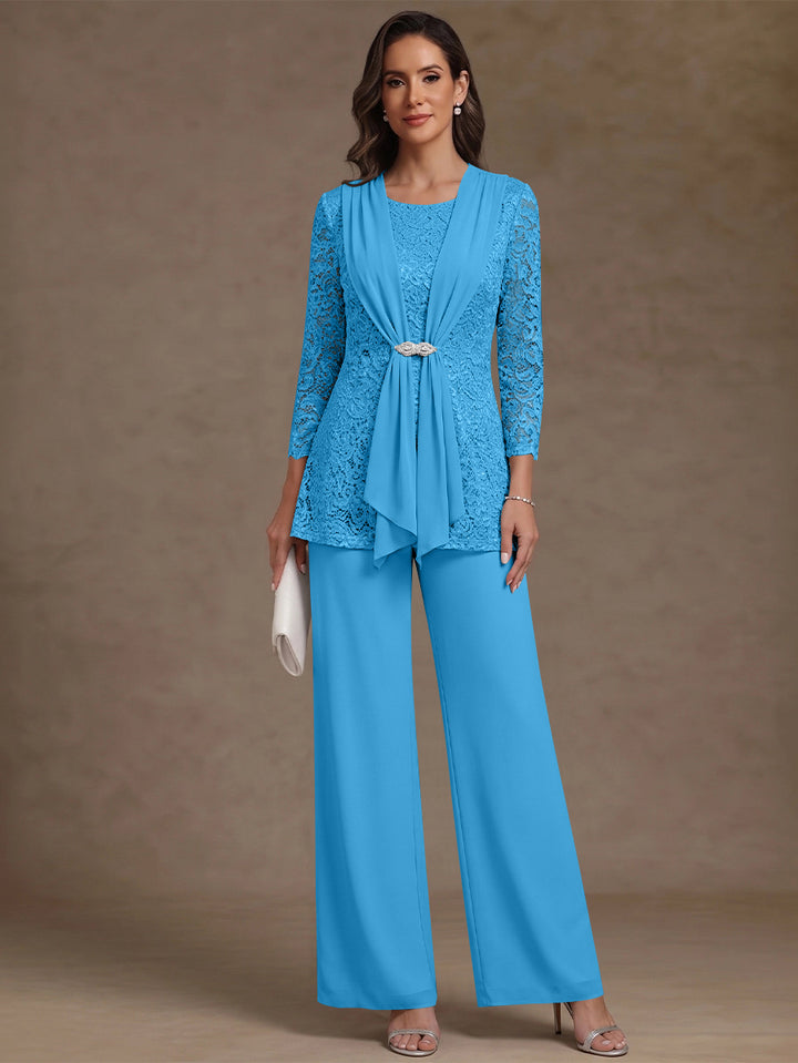 2 Pieces Scoop Chiffon Mother of the Bride Pantsuits Lace Floral 3/4 Sleeves Ankle-Length
