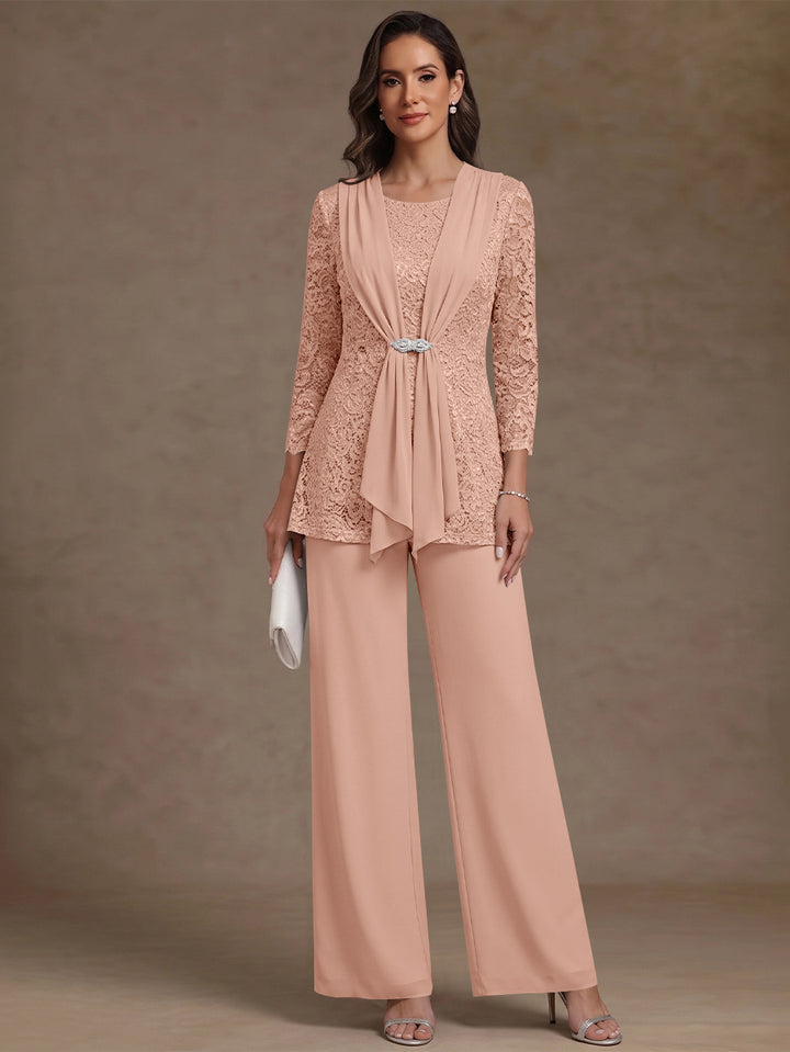 2 Pieces Scoop Chiffon Mother of the Bride Pantsuits Lace Floral 3/4 Sleeves Ankle-Length