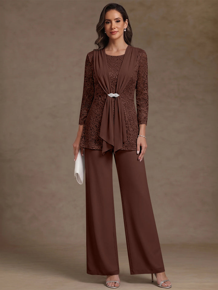 2 Pieces Scoop Chiffon Mother of the Bride Pantsuits Lace Floral 3/4 Sleeves Ankle-Length