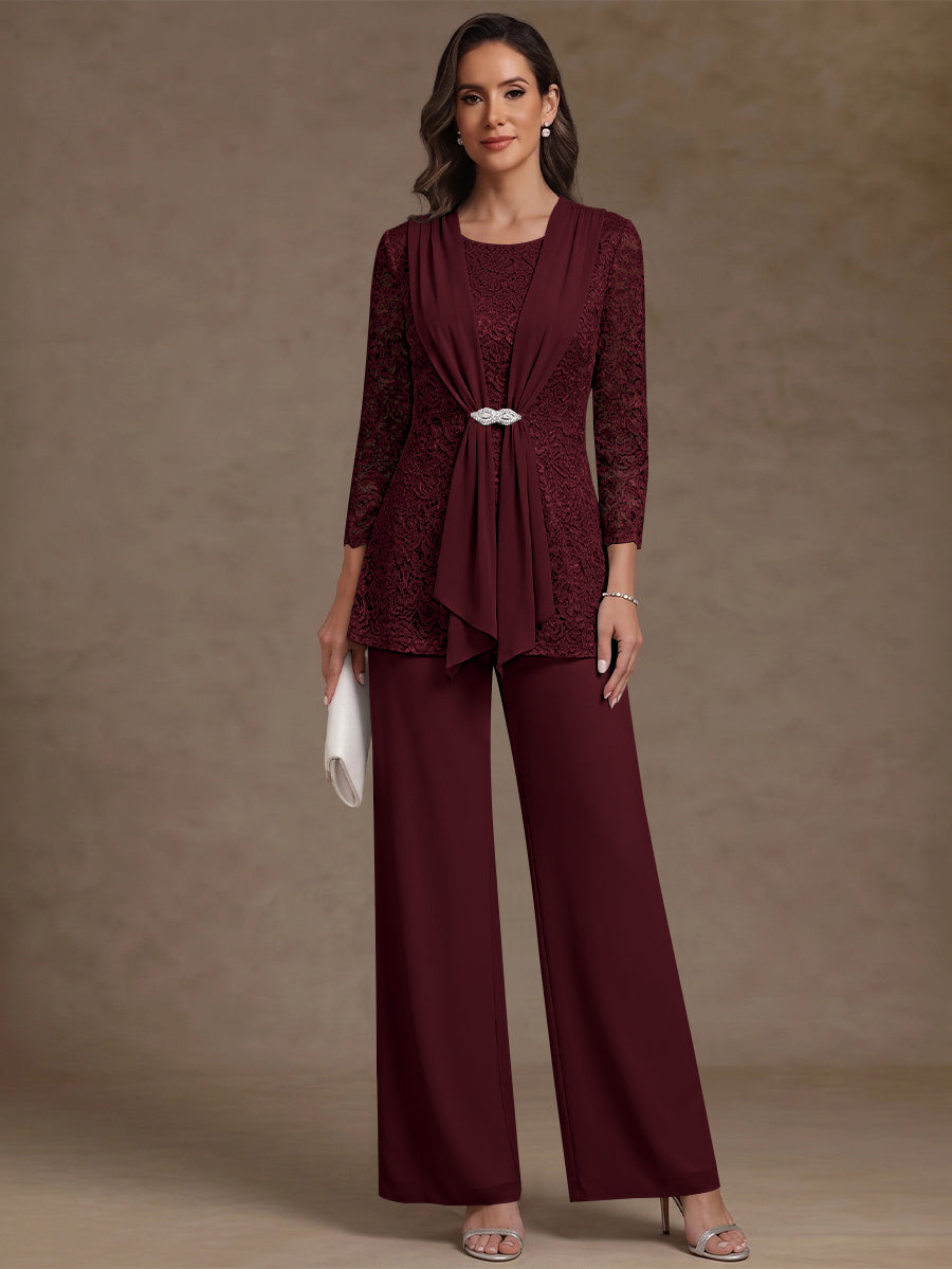 2 Pieces Scoop Chiffon Mother of the Bride Pantsuits Lace Floral 3/4 Sleeves Ankle-Length