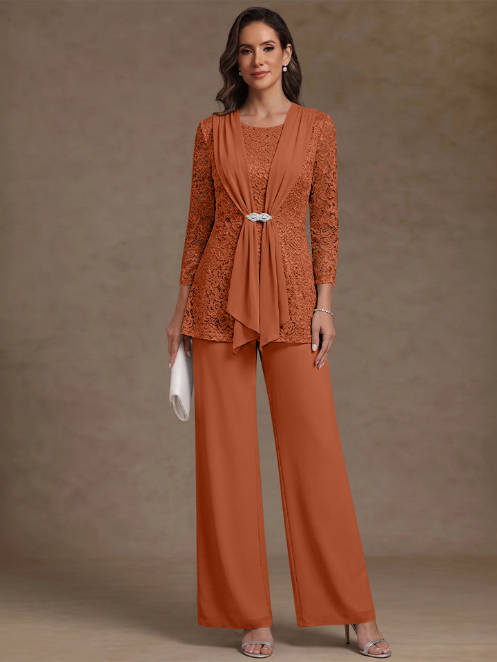 2 Pieces Scoop Chiffon Mother of the Bride Pantsuits Lace Floral 3/4 Sleeves Ankle-Length