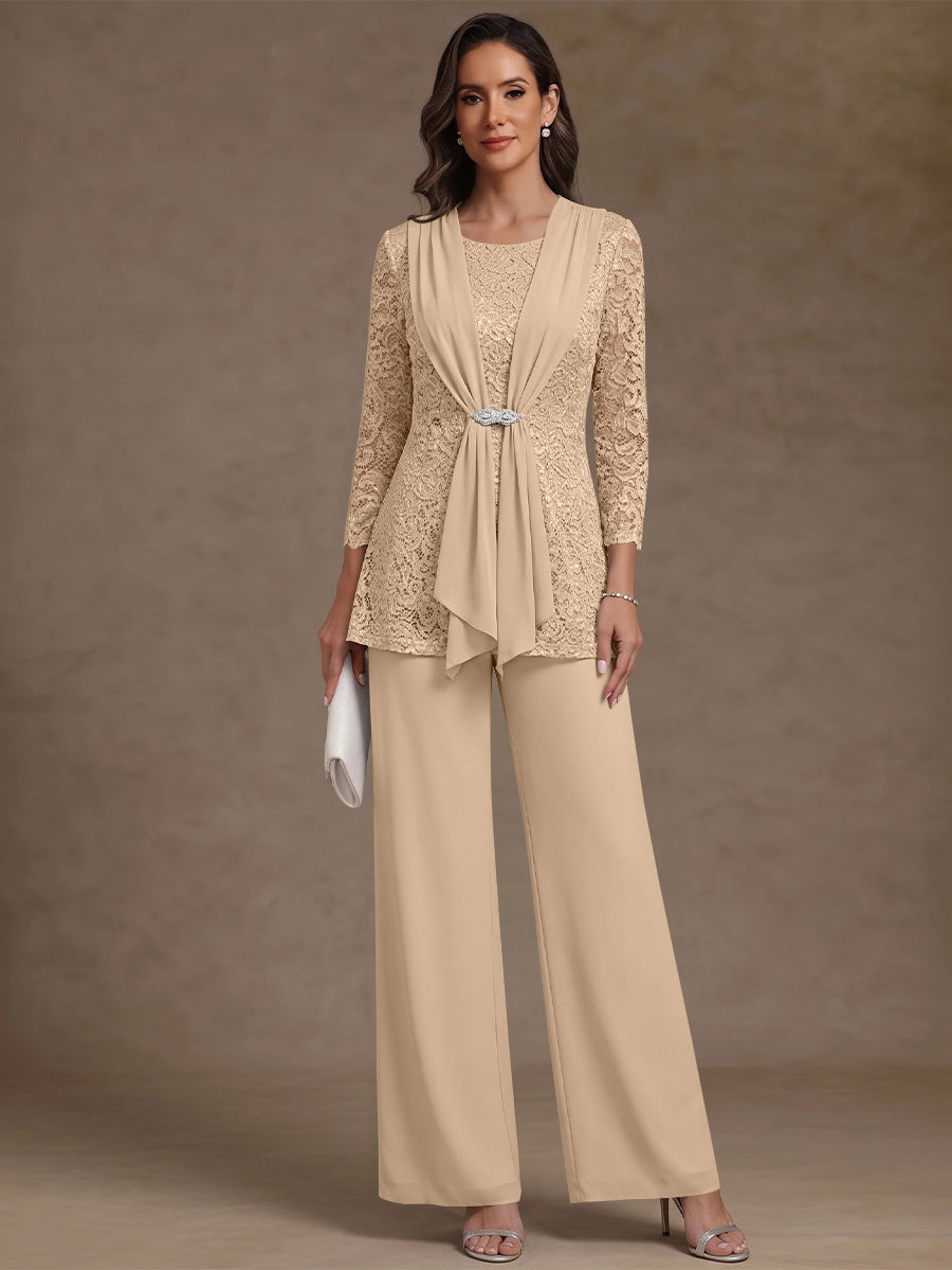 2 Pieces Scoop Chiffon Mother of the Bride Pantsuits Lace Floral 3/4 Sleeves Ankle-Length