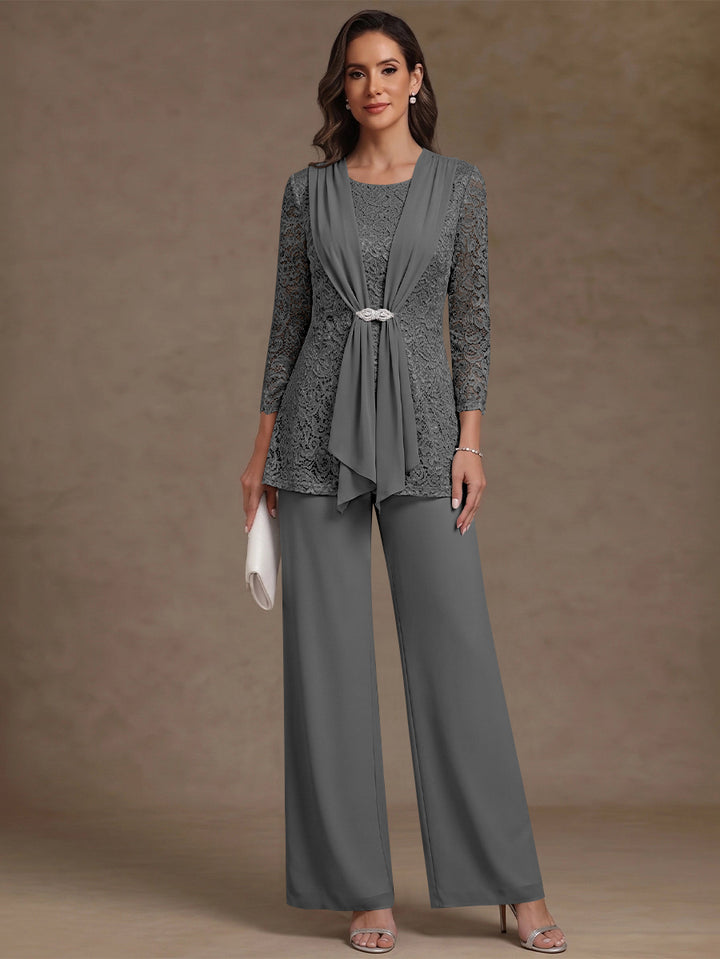 2 Pieces Scoop Chiffon Mother of the Bride Pantsuits Lace Floral 3/4 Sleeves Ankle-Length