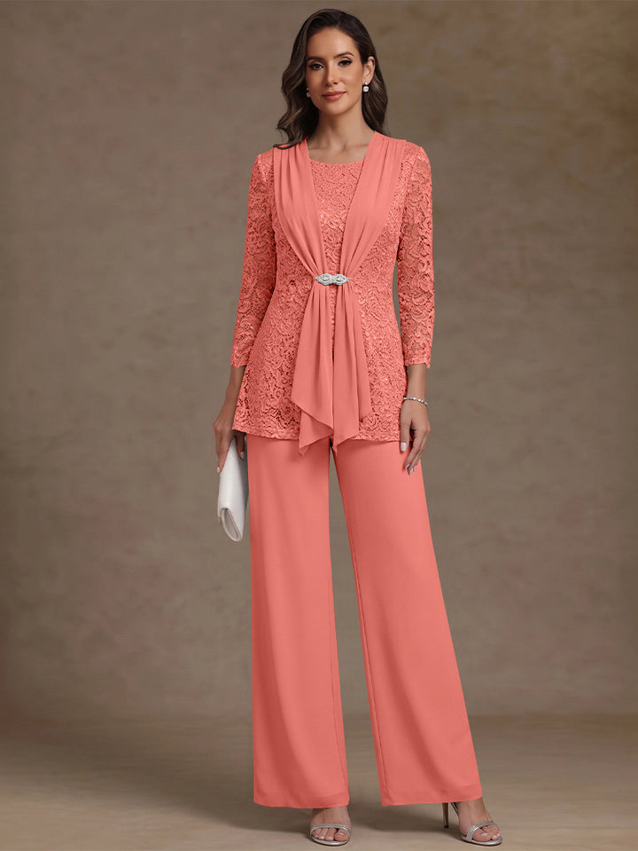 2 Pieces Scoop Chiffon Mother of the Bride Pantsuits Lace Floral 3/4 Sleeves Ankle-Length
