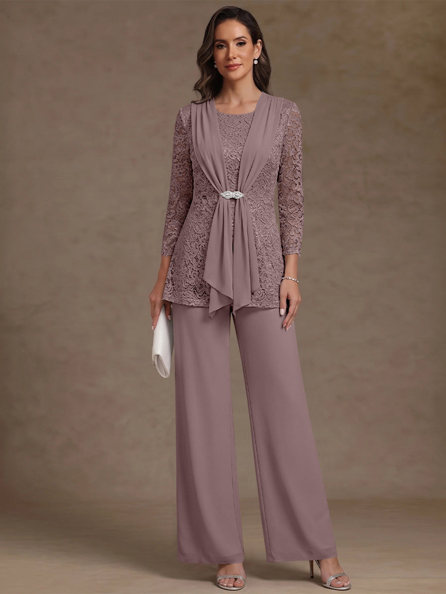 2 Pieces Scoop Chiffon Mother of the Bride Pantsuits Lace Floral 3/4 Sleeves Ankle-Length