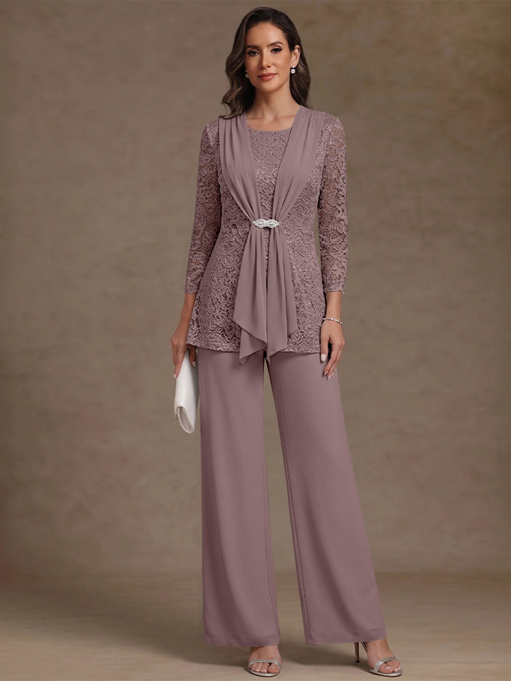 2 Pieces Scoop Chiffon Mother of the Bride Pantsuits Lace Floral 3/4 Sleeves Ankle-Length