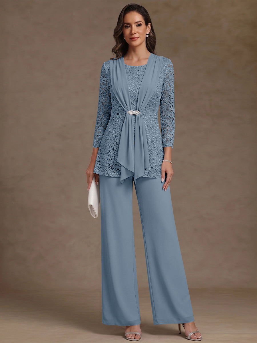 2 Pieces Scoop Chiffon Mother of the Bride Pantsuits Lace Floral 3/4 Sleeves Ankle-Length