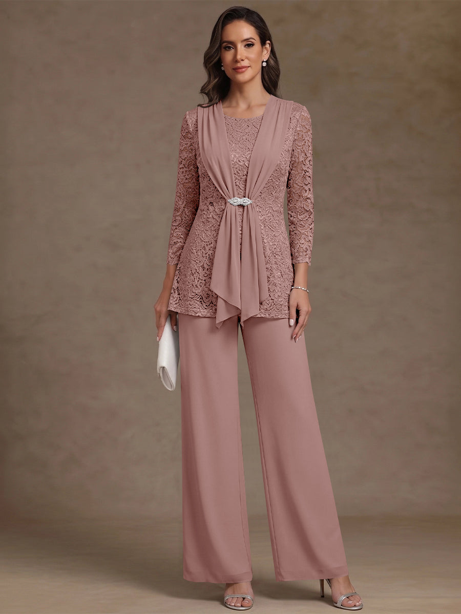 2 Pieces Scoop Chiffon Mother of the Bride Pantsuits Lace Floral 3/4 Sleeves Ankle-Length