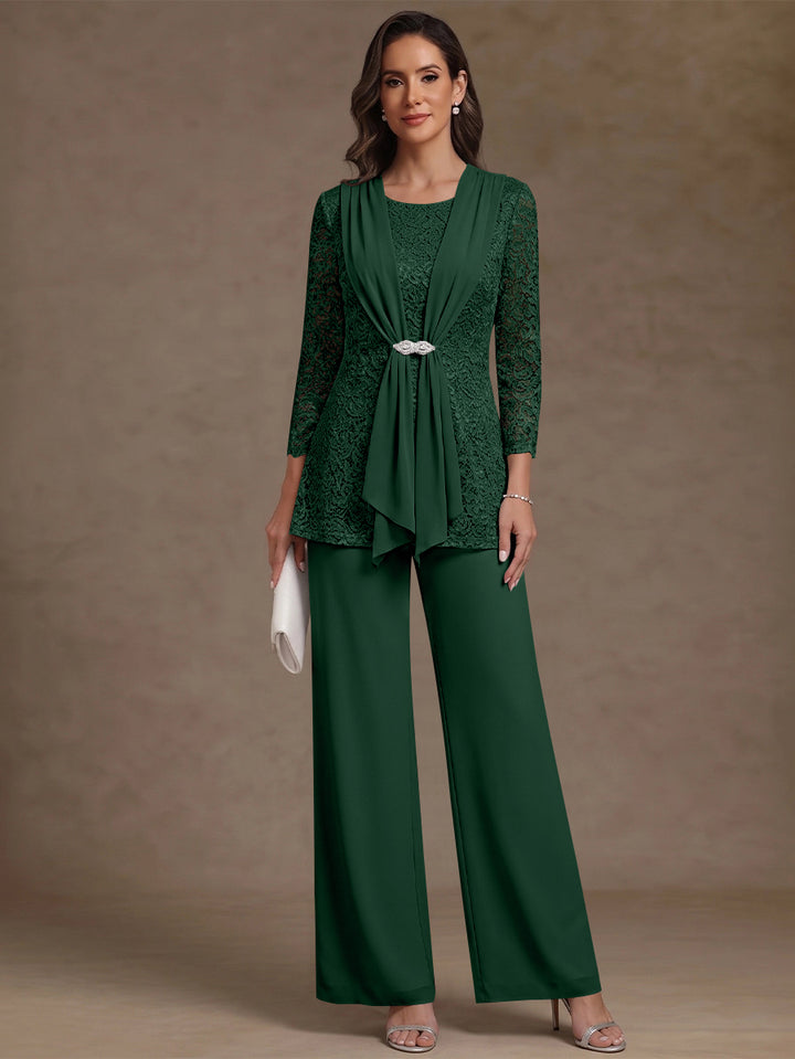 2 Pieces Scoop Chiffon Mother of the Bride Pantsuits Lace Floral 3/4 Sleeves Ankle-Length