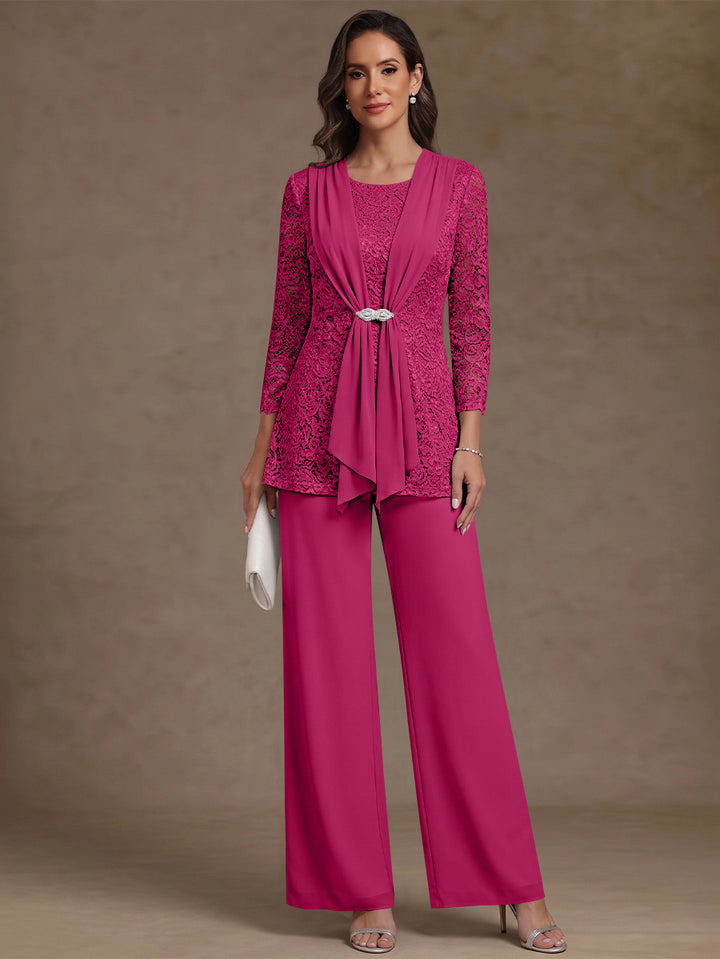 2 Pieces Scoop Chiffon Mother of the Bride Pantsuits Lace Floral 3/4 Sleeves Ankle-Length