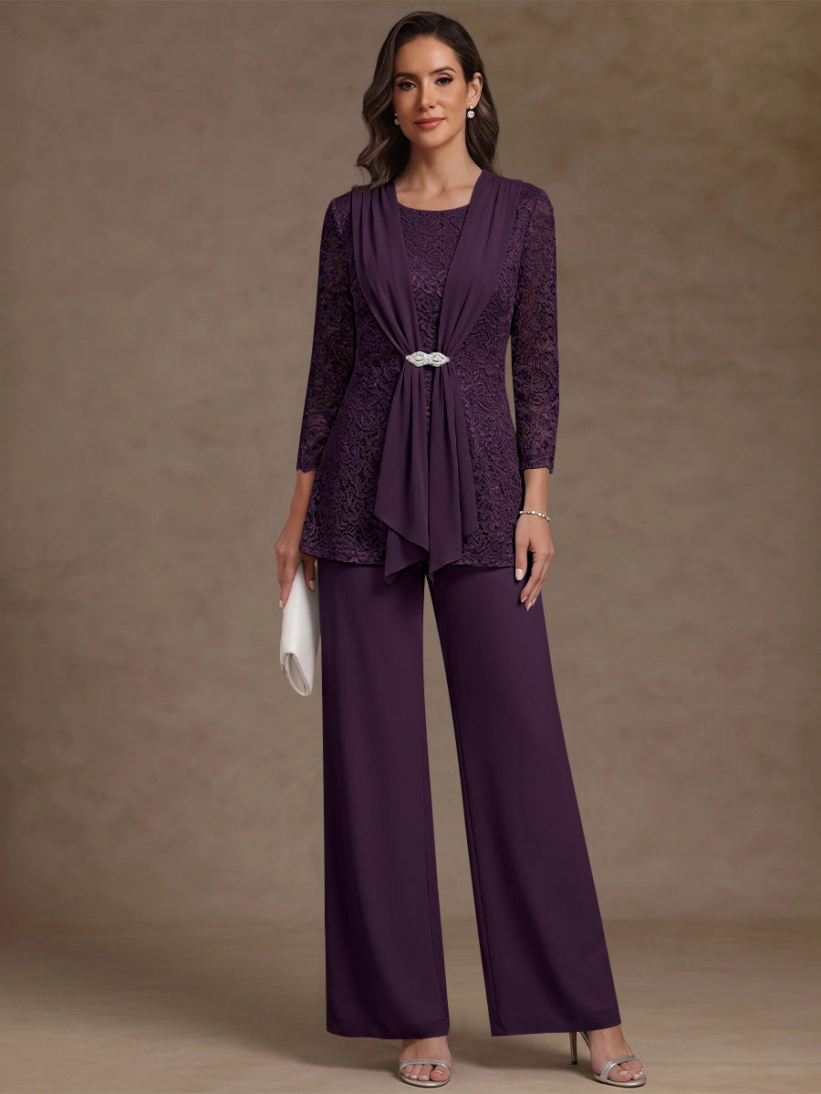 2 Pieces Scoop Chiffon Mother of the Bride Pantsuits Lace Floral 3/4 Sleeves Ankle-Length