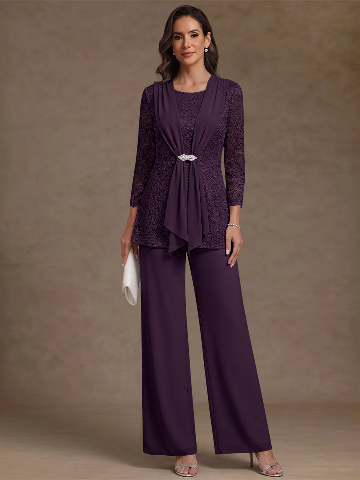 2 Pieces Scoop Chiffon Mother of the Bride Pantsuits Lace Floral 3/4 Sleeves Ankle-Length