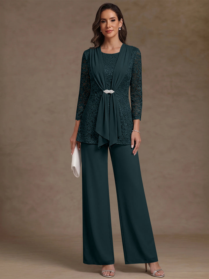 2 Pieces Scoop Chiffon Mother of the Bride Pantsuits Lace Floral 3/4 Sleeves Ankle-Length