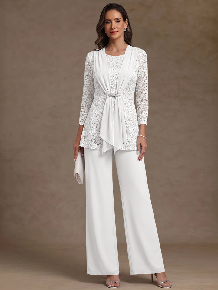 2 Pieces Scoop Chiffon Mother of the Bride Pantsuits Lace Floral 3/4 Sleeves Ankle-Length