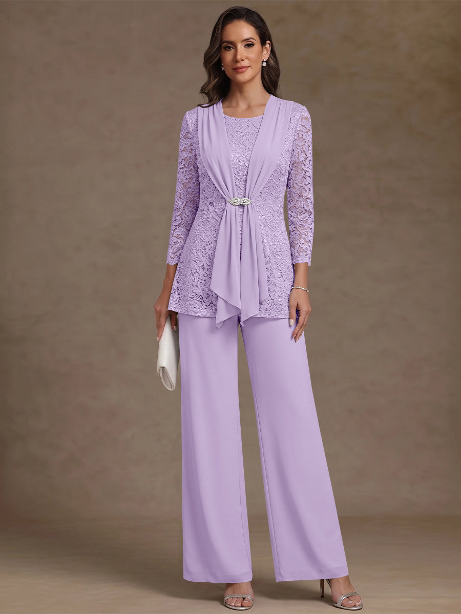 2 Pieces Scoop Chiffon Mother of the Bride Pantsuits Lace Floral 3/4 Sleeves Ankle-Length