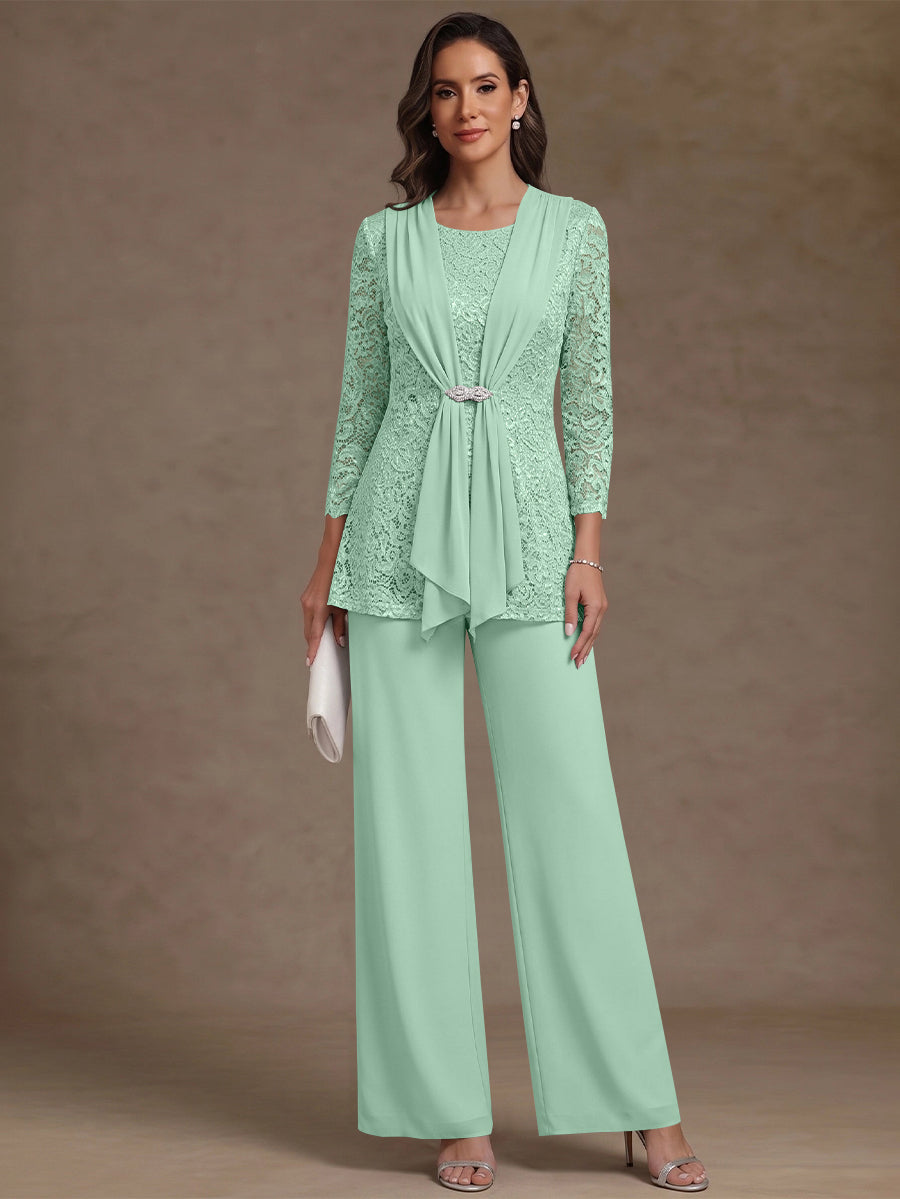 2 Pieces Scoop Chiffon Mother of the Bride Pantsuits Lace Floral 3/4 Sleeves Ankle-Length