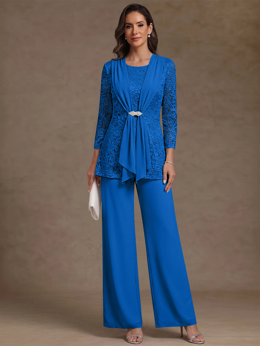 2 Pieces Scoop Chiffon Mother of the Bride Pantsuits Lace Floral 3/4 Sleeves Ankle-Length