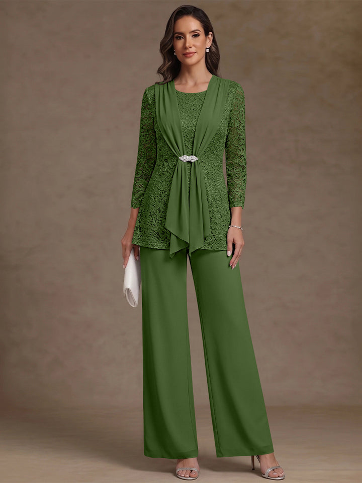 2 Pieces Scoop Chiffon Mother of the Bride Pantsuits Lace Floral 3/4 Sleeves Ankle-Length