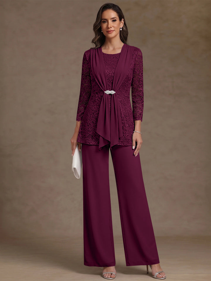 2 Pieces Scoop Chiffon Mother of the Bride Pantsuits Lace Floral 3/4 Sleeves Ankle-Length