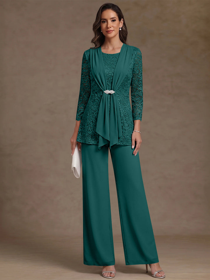 2 Pieces Scoop Chiffon Mother of the Bride Pantsuits Lace Floral 3/4 Sleeves Ankle-Length